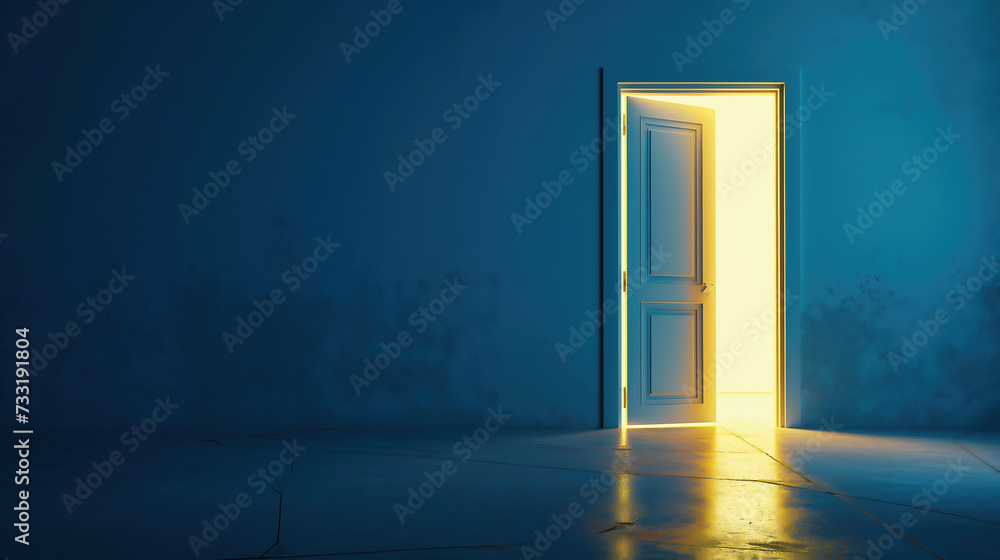 Illuminated door in a dark room with a blue wall