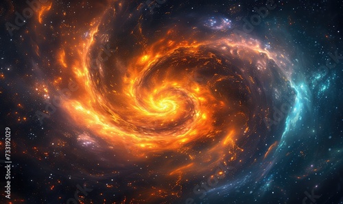 a colorful spiral in space with all the lights and stars, in the style of mystical interpretations, calming, dark orange and light blue swirling vortexesns 