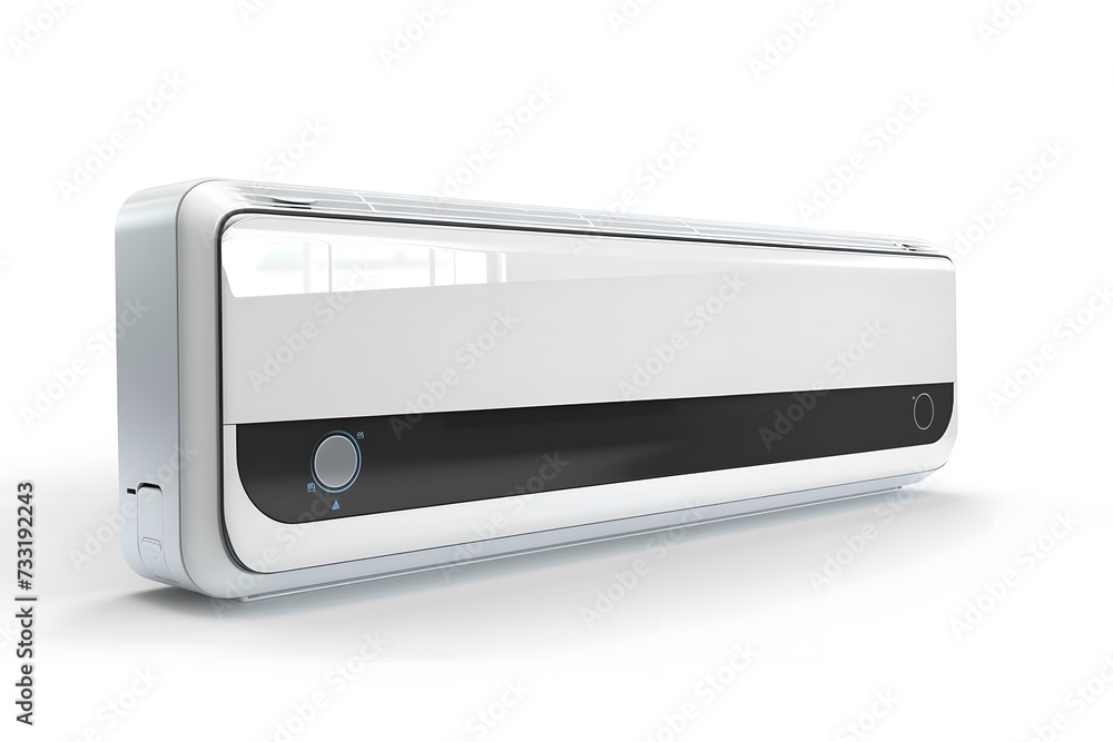 Air conditioner control unit, featuring various elements such as metal, plastic, and digital components, set against a white background Air conditioner control unit, featuring various elements such as metal, plastic, and digital components, set against a white background