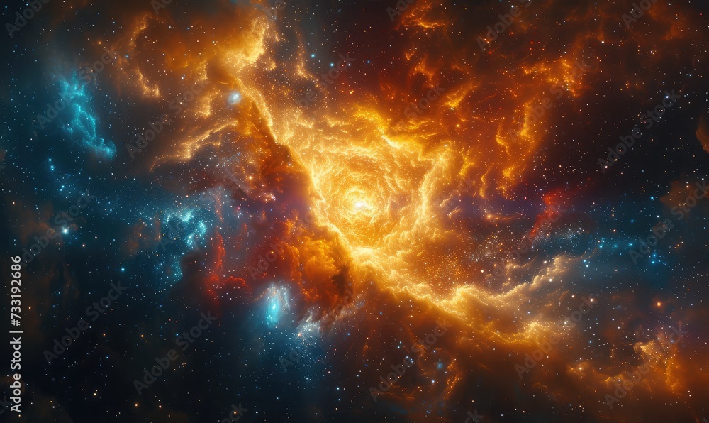 Fototapeta premium stars over a nebula, in the style of technological sense, azure and amber, light amber and sky-blue, rollerwave, light crimson, iconic, cyberpunk