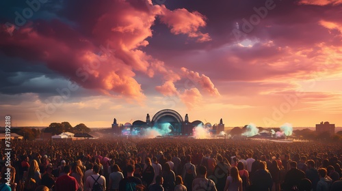 A top view of a vibrant rainbow arching over a vibrant music festival, with fluffy clouds and energetic crowds, capturing the excitement and joy of live performances