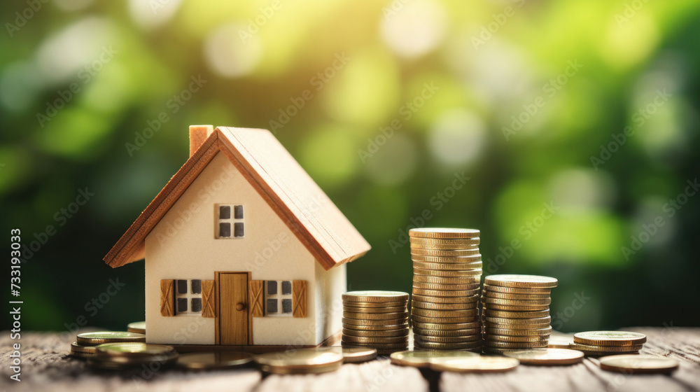 Mini house with stack of coins. Concept of investment. Mini house with stack of coins. Concept of investment.