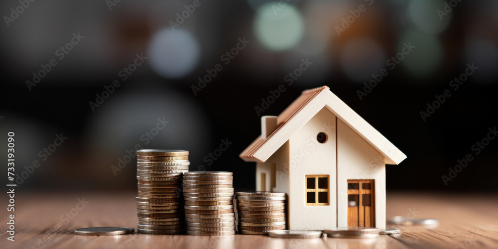 Mini house with stack of coins. Concept of investment. Mini house with stack of coins. Concept of investment.