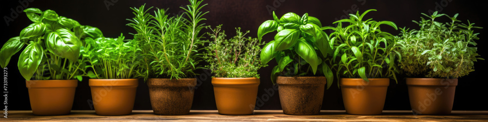 Potted herbs in a row add freshness to the kitchen Potted herbs in a row add freshness to the kitchen