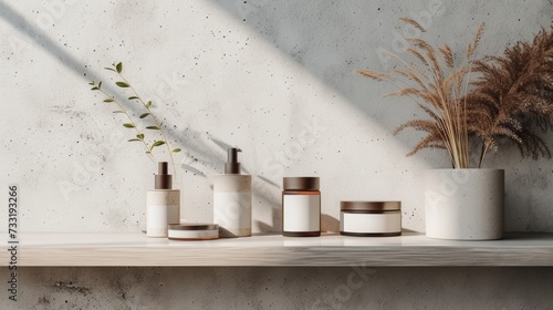 The minimalist podium showcases a curated selection of premium cosmetics
