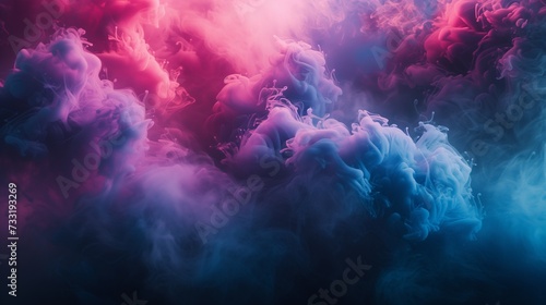 A burst of vibrant magenta, azure, and chartreuse smoke swirling artistically on a deep obsidian background, forming a dynamic and mesmerizing abstract composition. 