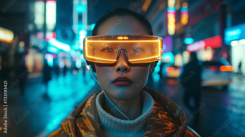 Woman wearing VR glasses on a busy street corner, her face illuminated by the digital display Woman wearing VR glasses on a busy street corner, her face illuminated by the digital display