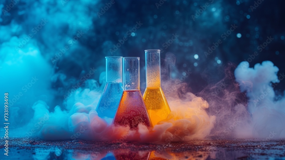 Vibrant chemicals reacting in beakers, showcasing the dynamic beauty of chemistry Vibrant chemicals reacting in beakers, showcasing the dynamic beauty of chemistry