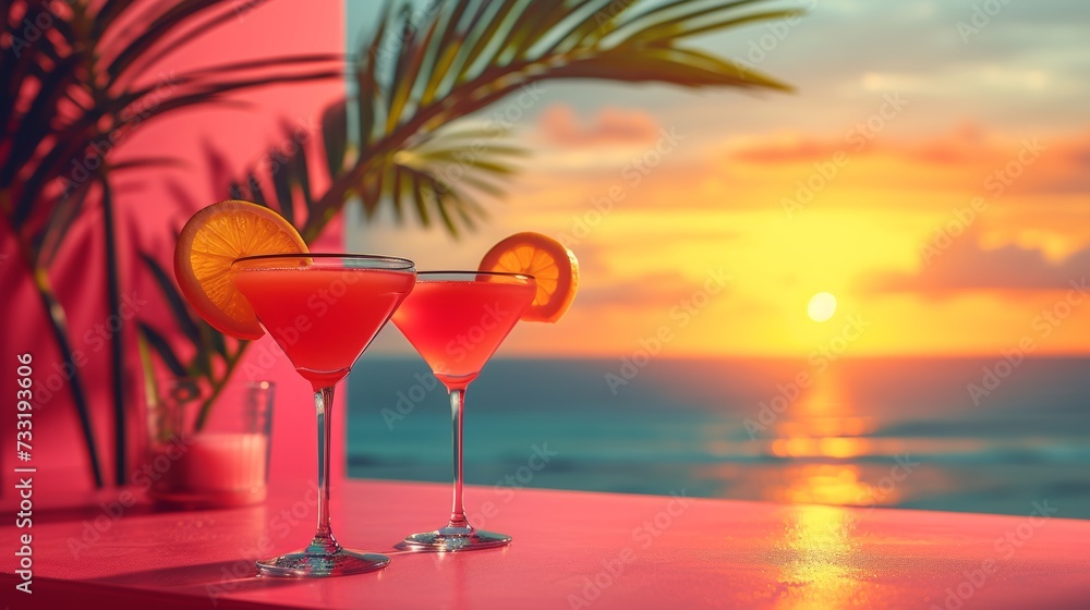 A minimalist backdrop featuring colorful summer cocktails evokes the ambiance of a tropical getaway