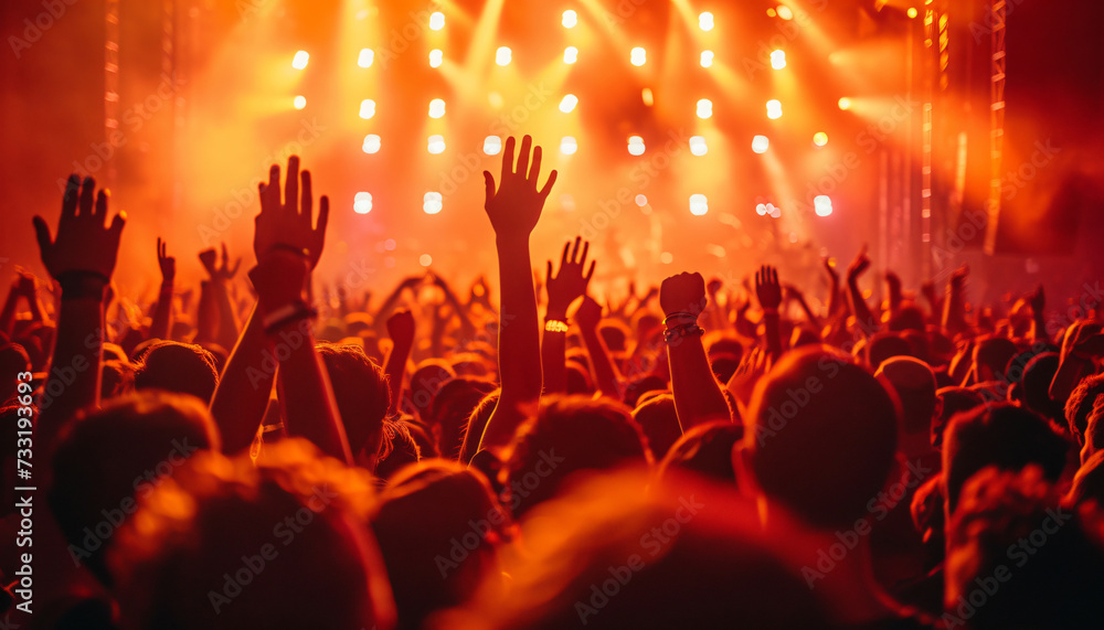 Festival or concert crowd standing in front of a stage and holding their hands in the air. Crowd photographed from behind. Stage performance, entertainment industry, enthusiastic audience.