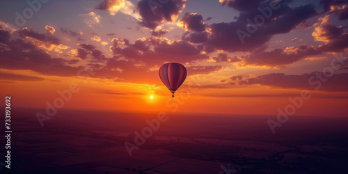 a hot air balloon flying high in the sky against the backdrop of a beautiful sunset