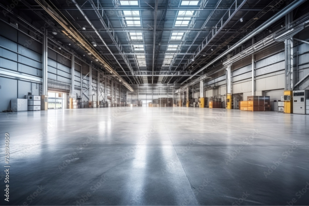 Modern factory, warehouse, shop or store, space on concrete floor for industrial.