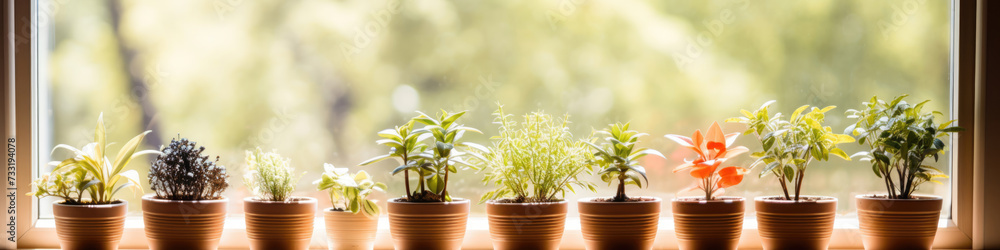 Fototapeta premium Ceramic plant pots in a row adorn the windowsill