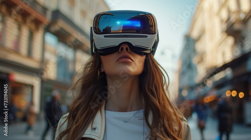 Woman wearing VR glasses on a busy street corner, her face illuminated by the digital display