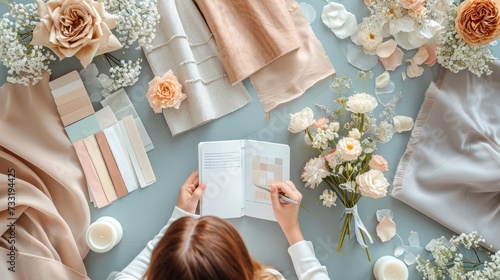 A beautifully arranged selection of wedding planning elements including delicate invitations, lace, and pastel florals on a rustic wooden surface..