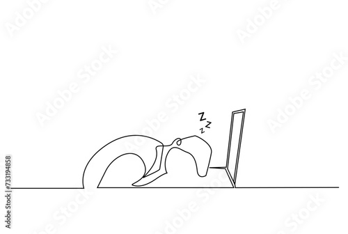 businessman working office laptop home table sleeping tired rest one line art design