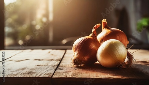 Fresh onion on wooden table. Natural and tasty vegetable. Organic garden food.