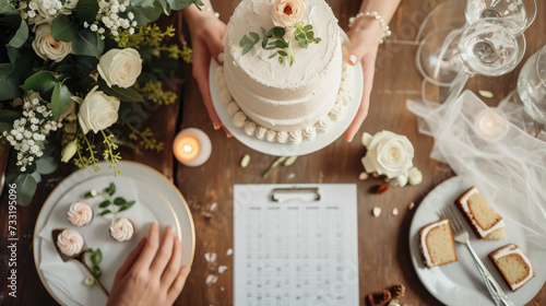 A bride's hands are seen arranging a cake tasting setup with elegant white roses and a wedding planning checklist, capturing the essence of matrimonial preparation..