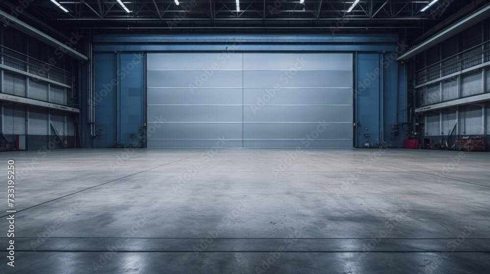 Roller door or roller shutter, concrete floor in industrial building i.e. modern factory, plant, warehouse, shop, garage or store. Roller door or roller shutter, concrete floor in industrial building i.e. modern factory, plant, warehouse, shop, garage or store.