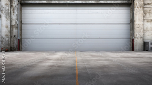 Roller door or roller shutter, concrete floor in industrial building i.e. modern factory, plant, warehouse, shop, garage or store.