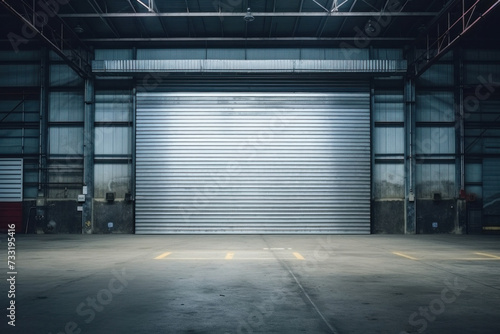Roller door or roller shutter  concrete floor in industrial building i.e. modern factory  plant  warehouse  shop  garage or store.