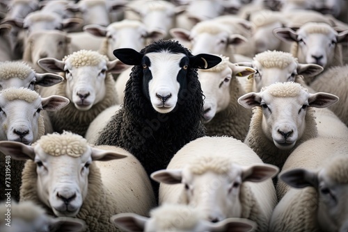 A black sheep among a flock of white sheep, raising head as a leader - Concept of standing out from the crowd, of being different and unique with its own identity and special skills among the others.