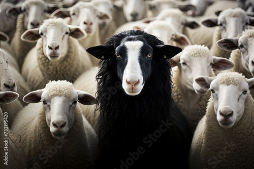 A black sheep among a flock of white sheep, raising head as a leader - Concept of standing out from the crowd, of being different and unique with its own identity and special skills among the others.