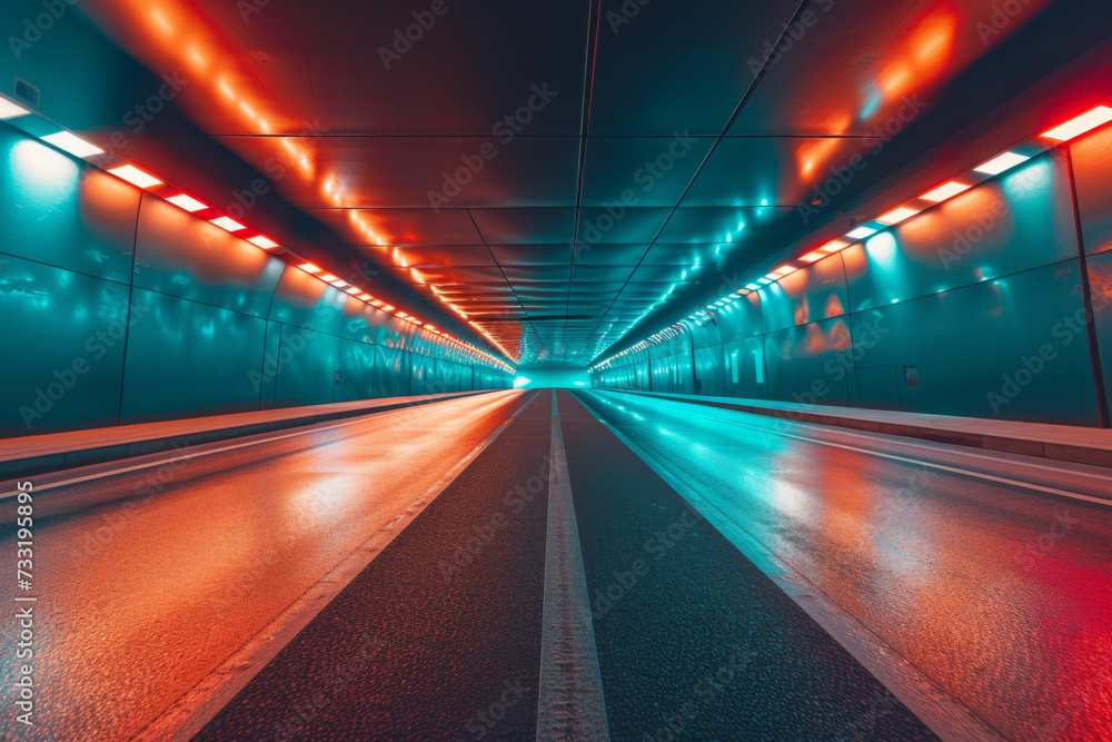 Futuristic road through a tunnel with lights. Futuristic road through a tunnel with lights.