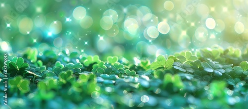 Green leaves Shamrock or water clover on blur bokeh background. Generated AI image