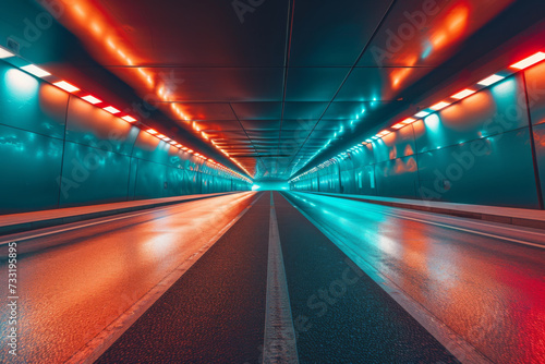 Futuristic road through a tunnel with lights.