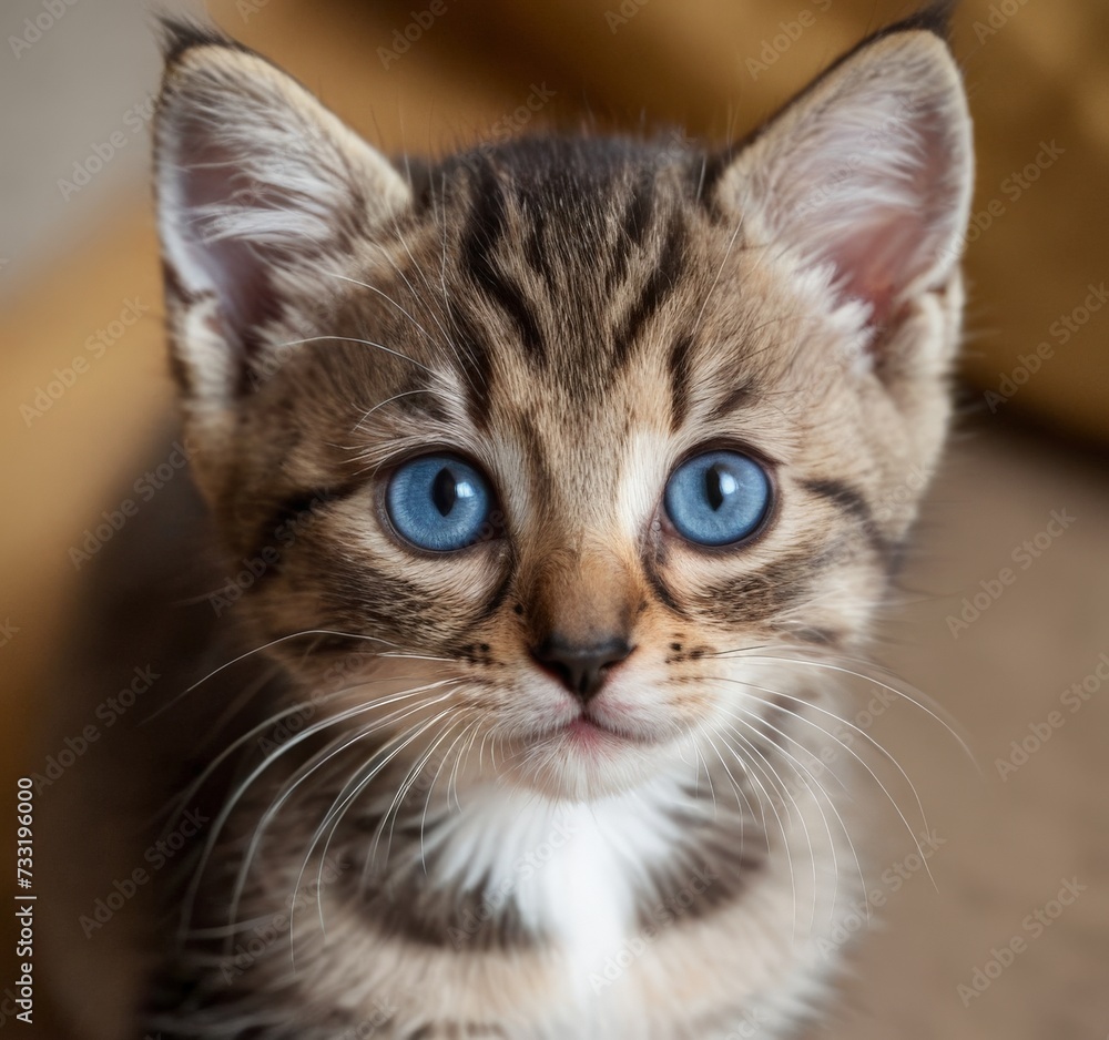 A beautiful little kitten with red fur and blue eyes looks at the camera. AI generated.