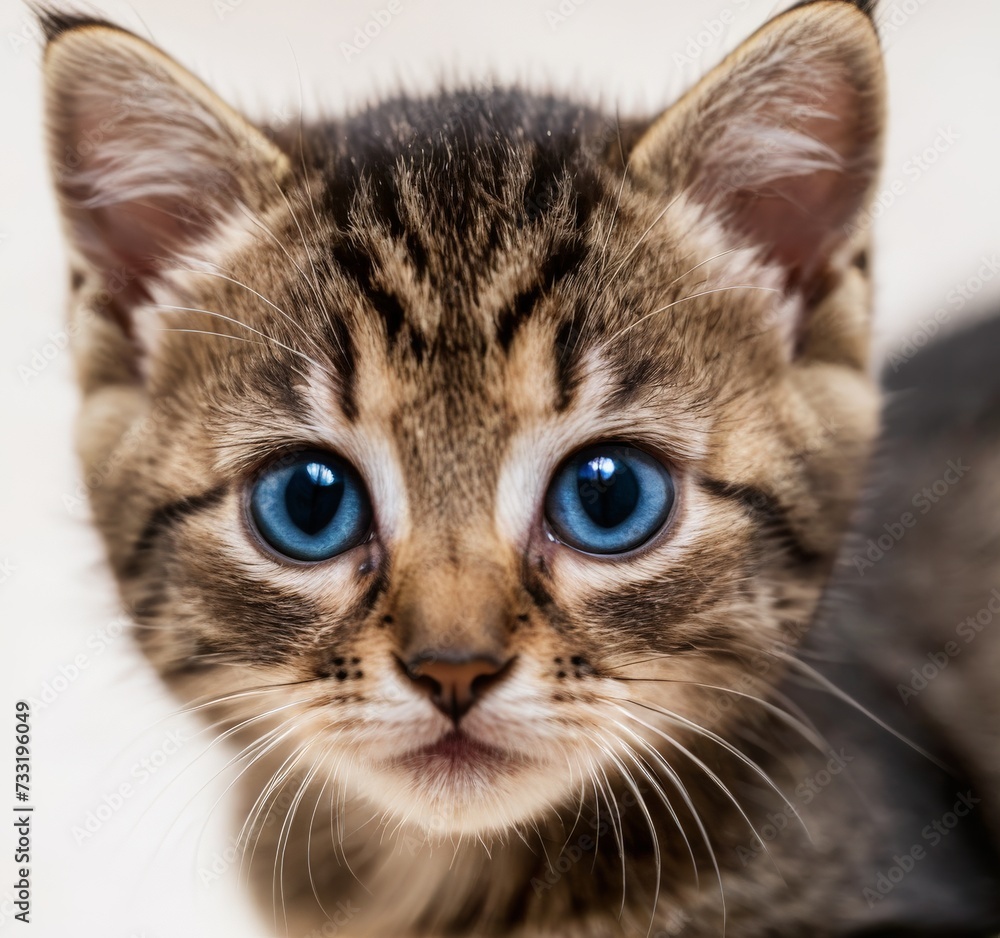 Cute kitten with red fur and blue eyes, looking at the camera, white background. AI generated.