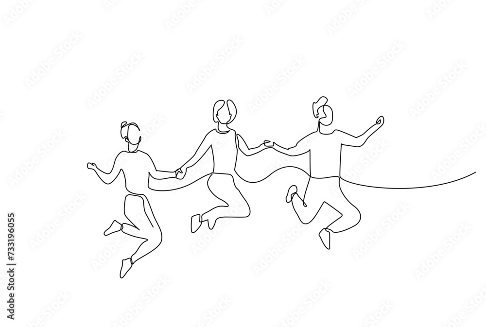 people group team together fun jump happiness one line art design