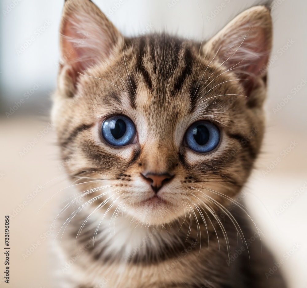 A cute kitten with red fur and blue eyes looks at the camera. AI generated.