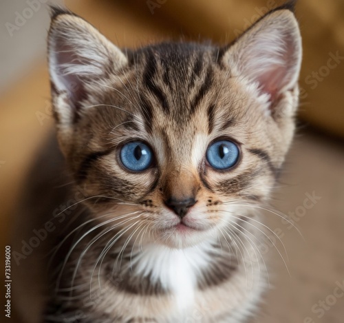A beautiful little kitten with red fur and blue eyes looks at the camera. AI generated.