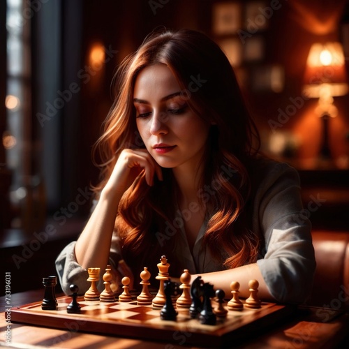 Young woman playing chess, concentrating on competition, glowing lighting