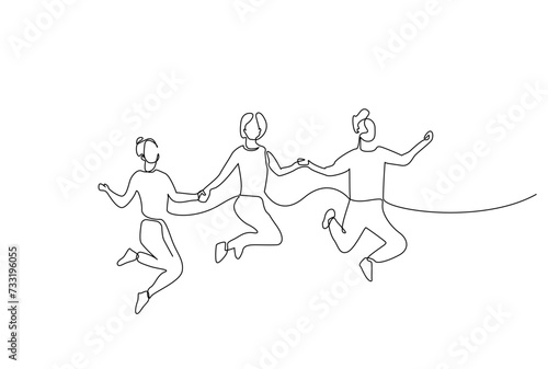 people group team together fun jump happiness one line art design