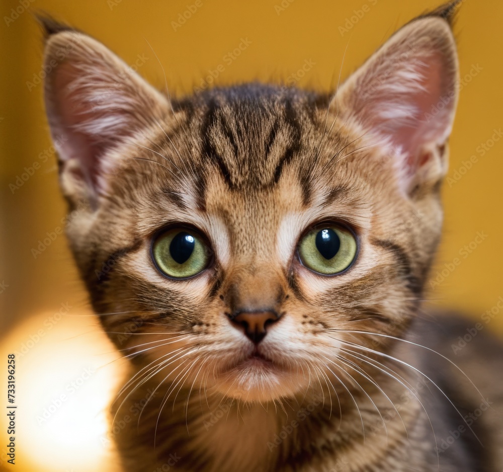 Close-up portrait of a kitten with golden chinchilla fur, green eyes. Looks at the camera. AI generated.
