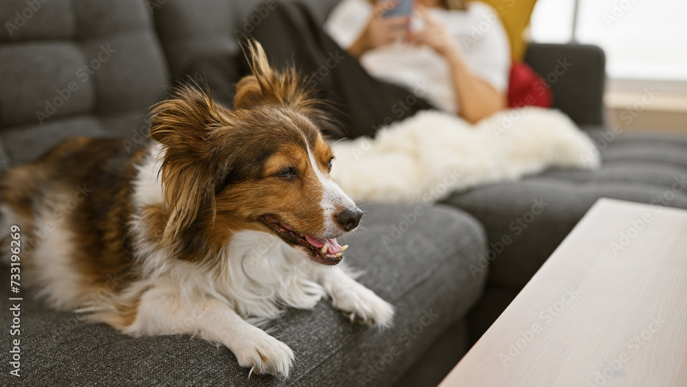 A young woman relaxes with her dog on a comfortable sofa in a cozy living room setting.