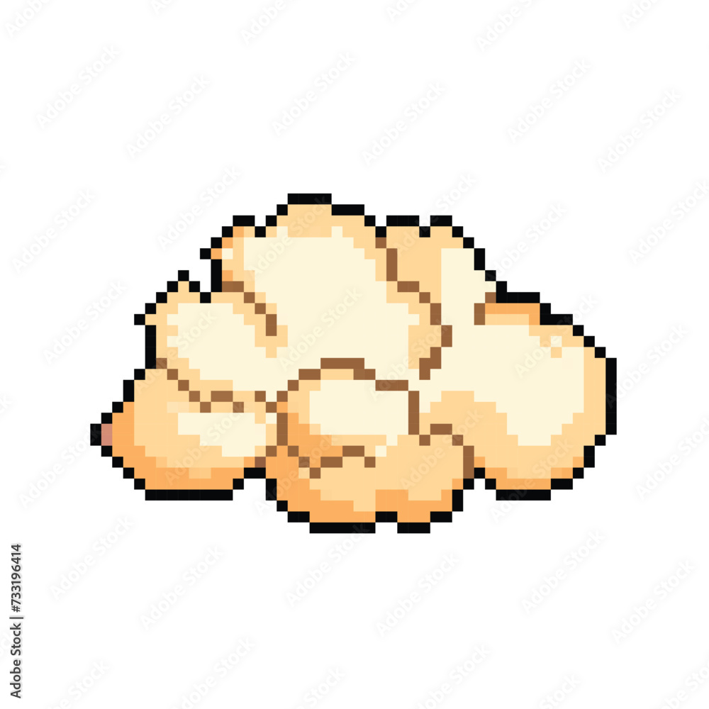 One piece of crunchy puffy salted pop corn. Pixel bit retro game styled vector illustration drawing. Simple flat cartoon styled food drawing isolated on white square background.
