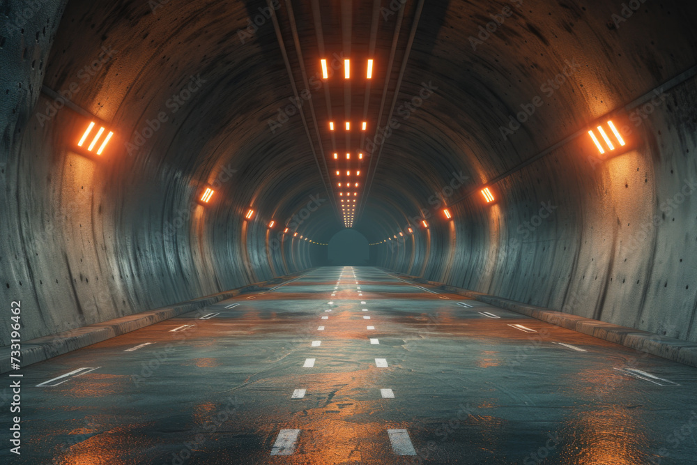 Futuristic road through a tunnel with lights.