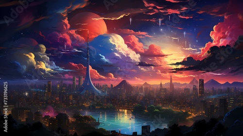A top view of a vibrant rainbow spanning across a vibrant cityscape at night, with fluffy clouds and illuminated buildings, showcasing the dynamic and colorful nightlife