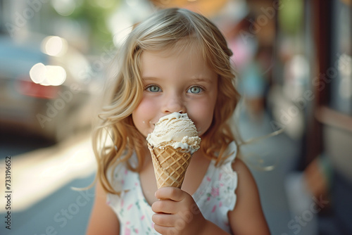 Happy girl child eating ice cream in a waffle cone travel outdoors. A happy and contented child