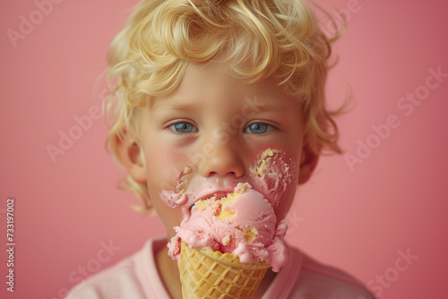 Happy child eating ice cream in studio waffle cone travel outdoors.happy and contented child