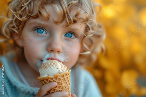 Happy child eating ice cream in a waffle cone travel outdoors close up. A happy and contented child.