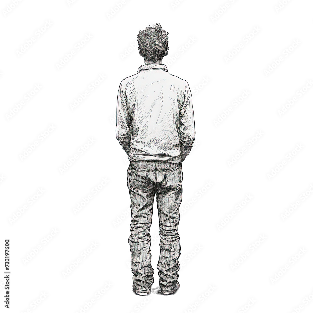 Standing Man Back View, Pencil Drawing Style Standing Man Back View, Pencil Drawing Style