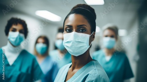 Diverse team of doctors and nurses posing together, wearing masks in a clinic