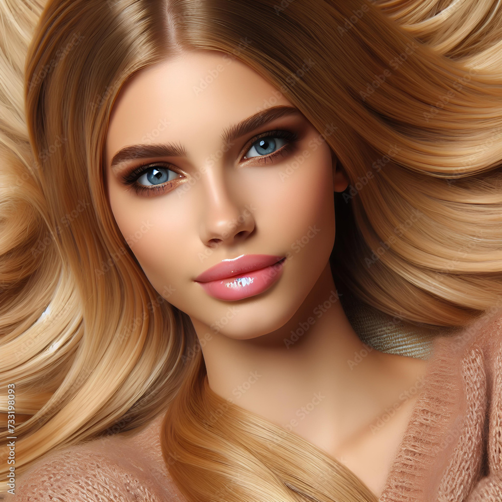 young woman with long blonde hair lying on blonde hair background young woman with long blonde hair lying on blonde hair background