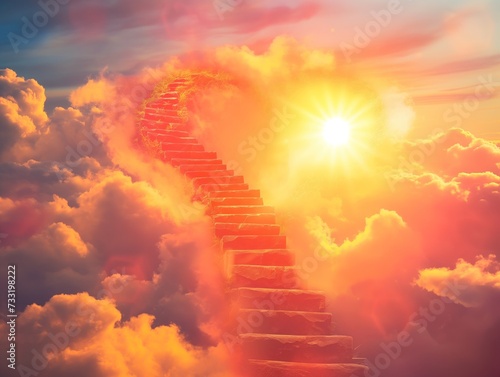 Stairway to Heaven.Stairs in sky. Concept with sun and clouds. Religion background. Red heart shaped sky at sunset. Love background with copy space. 