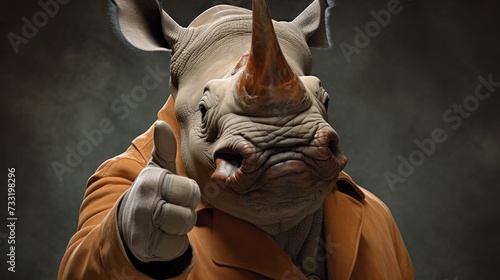 Portrait of friendly rhinoceros making thumbs up. photo